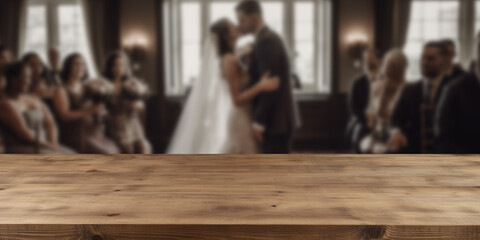 Wall Mural - Empty wooden counter table top for product display with a wedding scene background. Generative ai