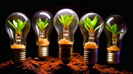 Wall Mural - A low-angle shot highlighting a unique light bulb with a growing plant among a row of regular bulbs, symbolizing environmental consciousness