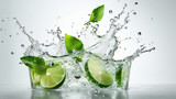Fototapeta Kuchnia - Water splash on white background with lime slices, mint leaves Generated AI