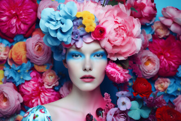 portrait woman fantasy spring bouquet fashion peony beauty flower summer art. Generative AI.