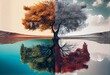 Tree reflecting four seasons and cyclic nature of weather in lake. Generative AI