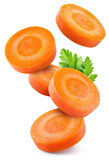Fototapeta  - Carrot slice isolated. Carrots with parsley flying on white background. Perfect retouched carrot slices isolate. Full depth of field.