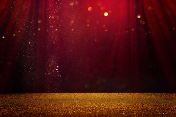 Wall Mural - Abstract background of red, black and gold bokeh lights