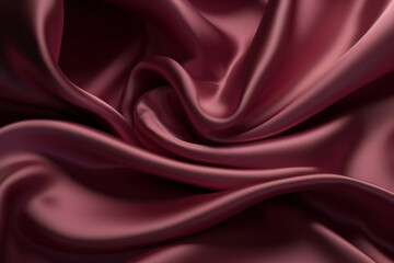 Luxurious silk satin. Burgundy color. Elegant background for design. Creases in fabric. Shiny smooth silky surface. Generative AI.