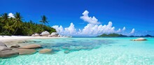 Paradise Beach Of A Tropical Island, Palm Trees, White Sand, Azure Water, Generative AI.