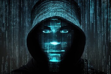 Digital cracker in the matrix of numbers. Cyber criminal. Generative AI.