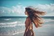 © Jasmina - Trendy woman in casual summer dress walking by the waterline and look to the waves. Generative AI.