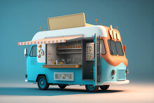 Food Truck With A Blank Sign For Commercial Design On Background.