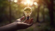 © Gassenee - Hand holding a light bulb with growing plants and morning sunlight. Generative AI.