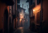 Fototapeta Uliczki - A medieval town's narrow, empty street on a foggy evening in Bergamo's Citta Alta, Lombardia. Generative AI