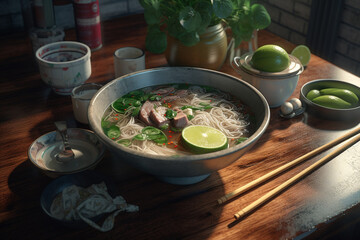 Wall Mural - vietnamese pho soup, meat pieces and rice noodles in soup, chopsticks, parsley, lime, vietnamese breakfast. ai generative