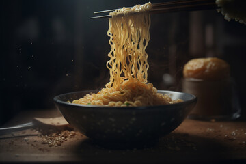 Wall Mural - Ramen noodle lifted up by chopsticks with steam. ai generative