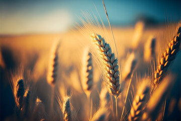 Ears of golden wheat in wheat meadow with shiny light and blue sky background, illustration created by generative AI