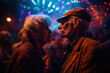 © J S - Senior couple - an old mand and elderly woman - dance at a night club or rave party with copy space, generative ai