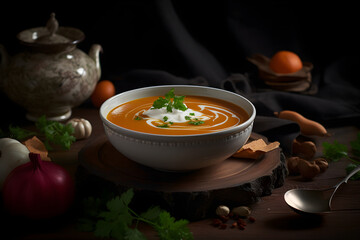 Pumpkin and carrot soup with cream. generative ai
