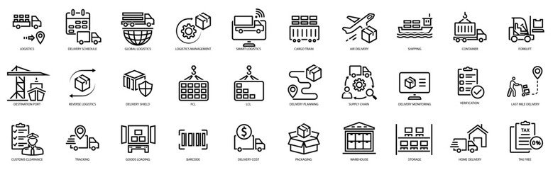 Logistics icon set. Shipping, transportation, delivery, cargo, freight, route planning, export and import icon. Vector illustration