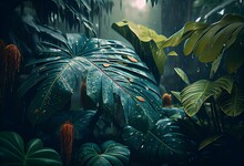 A Lush Rainforest With Towering Exotic Plants And A Green Backdrop, Drenched In Rainfall. Generative AI