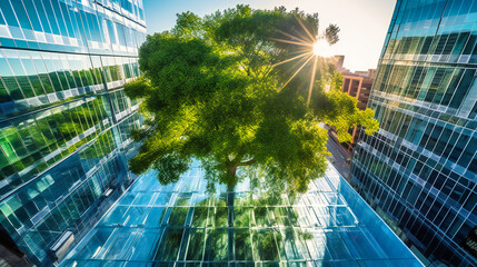 a mesmerizing low angle shot of modern glass buildings and green tree with clear sky background