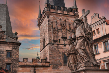 Wall Mural - Prague, Czech Republic. Charles Bridge - Karluv Most, and Old Town Tower. People exploring the old bridge..