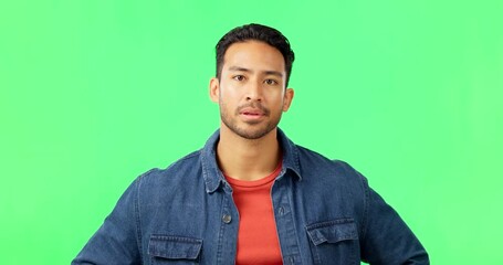 Wall Mural - Man, face and shaking head with green screen feeling upset and frustrated from problem and issue. No, serious and male model with isolated studio background with negative decision and choice