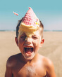© Uncanny Valley - A sweet little child enjoying the summer sun, a delicious dessert, a melting ice cream cone. Summer refreshment and snacks on the beach. Generative AI.