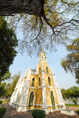 Outside the church at Wat Niwet Thammaprawat Ayutthaya, Thailand for tourists to see and take pictures.