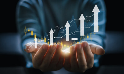 Hand of people holding money economic growth, graph money, global economic, trader investor, business financial growth, stock market, Investments funds, price, graph, technology and investment concept