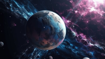 Wall Mural - blue planet in space nebula - by generative ai