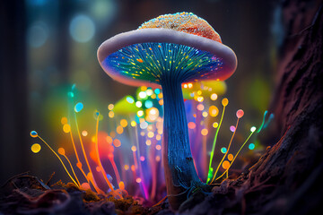 Wall Mural - Glowing mushroom with mystical light organism, generative AI