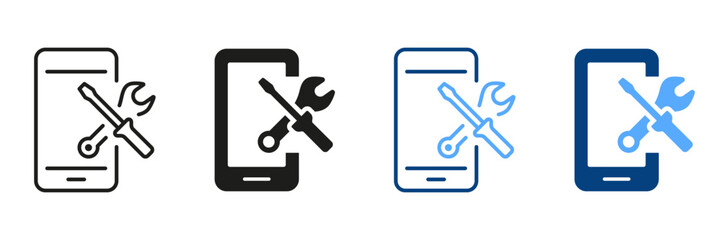 Poster - Setting Up Applications on Mobile Phone Symbol Collection. Smartphone Software Service Line Icon Set. Configuration and Technical Support of Cellphone Pictogram. Vector Isolated Illustration