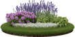 Realistic grass podium with flower garden. 3d rendering of isolated objects.