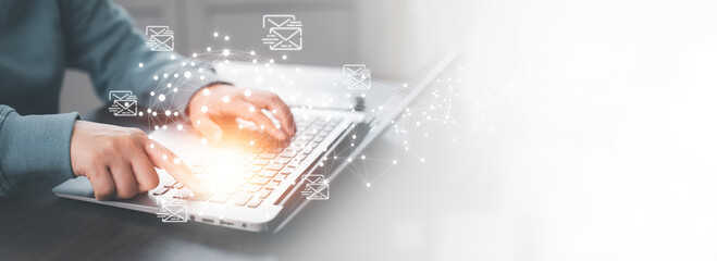 Business people using laptop for sending the e-mail computer, Email and SMS marketing concept. Scheme of direct sales in business. List of clients for mailing, Social network and communication
