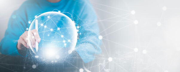 Social Internet network technology, digital software development, future tech background, IoT concept. Business people using digital  laptop with people global network connection, computer code