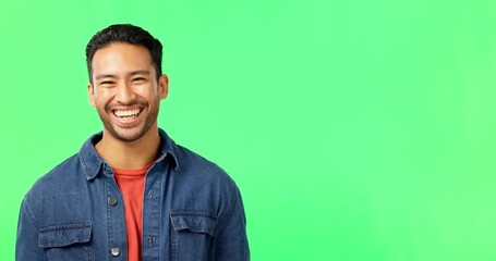 Poster - Man, come here hands and face by green screen with invite, excited and call by background. Young male student, welcome and pointing in portrait with mockup invitation for happiness by studio backdrop