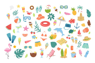  Hello summer. Summer set graphic elements in flat design. Bundle of swimsuit, hat, sun lounger, flamingo, dolphin, cocktails, palm leaves, shells and other. Vector illustration stickers. 