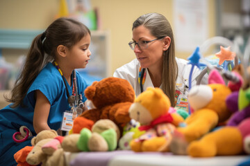 Nurse comforting a child patient, with stuffed animals and colorful toys