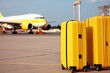 Two yellow suitcases on the background of an airplane at the airport. Generative ai.