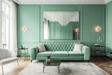 Fototapeta Przestrzenne - Home interior background, cosy green bedroom with big bed and armchair, modern style | Modern contemporary loft bedroom, Generative AI