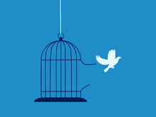 White Bird Escaped From The Cage. Concept Of Freedom And Getting Out Of Comfort Zone. Vector Illustration