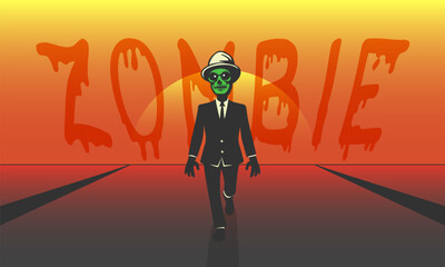 Wall Mural - Vector cartoon walking dead zombie gentleman in suit, hat and green face on sunset background.