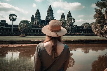 Wall Mural -  a Woman in a Hat Looking over Angkor Wat in Cambodia, generative AI