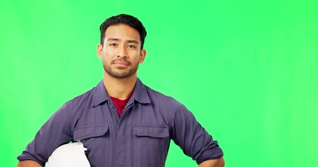 Poster - Mockup, face and Asian man in engineering on a green screen isolated on a studio background. Serious, construction and a portrait of a worker in architecture, home renovation or industrial safety