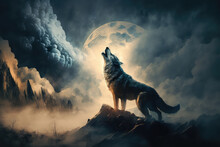 Digital Illustration Art Painting A Wolf Howling In The Wild, Big Fool Moon And Clouds Is Background. Terrible, Horror Lonely, Scary, Creepy Concept. (ai Generated)