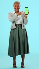 Aufkleber - Phone, woman and green screen studio portrait for advertising mockup space or website. Black person pointing finger at smartphone for mobile app, ux or brand and logo design on a blue background