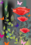 Fototapeta  - spring composition with green branch and red poppies