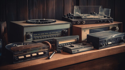 Vinyl records, cassette tapes and cassette recorder on wooden table. Retro music style. 80s music party. Vintage style. Analog equipment. Stereo sound. Back to the past. Generative Ai