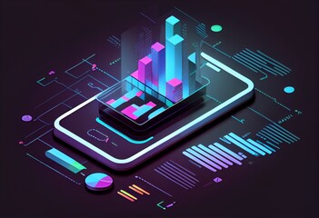 Isometric mobile phone shows a business graph and analytics data for software development coding process concept and analysis trends with cross-platform code testing. Generative AI