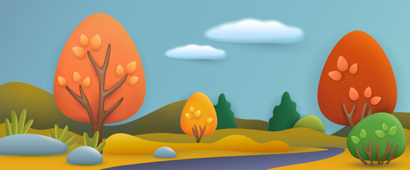 Wall Mural - Autumn landscape 3d illustration. Natural background with trees, bushes and road in cartoon style. Nature, fall, season, forest concept