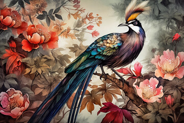 Sticker - Peacock portrait on background of flowers. Colorful watercolor painting, generative ai