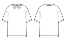 Oversized T-shirt Fashion Flat Technical Drawing Template. Flat Apparel, T-shirt Fashion Flat Illustration. Front And Back View, White Color, Unisex, CAD Mock Set.
